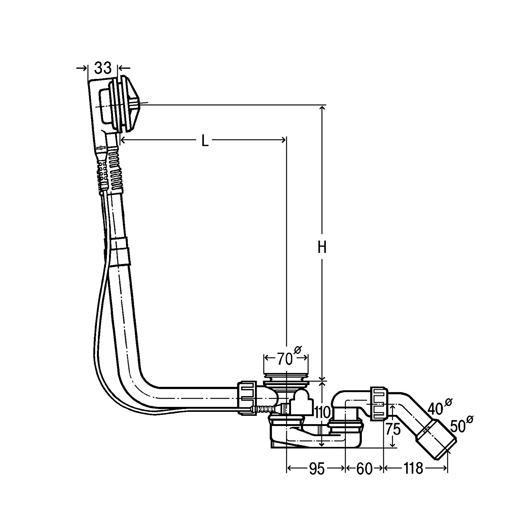 Viega Ab- und Überlaufgarnitur Multiplex, 725 mm, 40/50, verchromt (Maße)